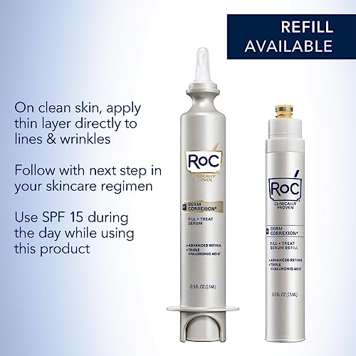 RoC Derm Correxion Fill + Treat Suero avanzado de retinol, tratamiento rellenador de arrugas con ácido hialurónico para arrugas de la frente, patas de gallo, once arrugas y líneas de risa, relleno de medias, 15 ml