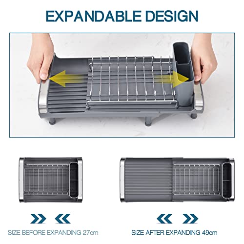 TOOLF Escurreplatos expandible, escurridor de platos compacto, escurridor de platos de acero inoxidable con soporte para cubiertos extraíble, estante para platos antioxidante, escurridor de fregadero pequeño para fregadero o encimera de cocina