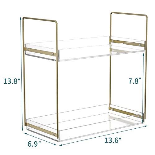 Organizador de encimera de baño, bandeja acrílica de 2 niveles, estante organizador para el cuidado de la piel, estante de pie para debajo del fregadero, soporte de almacenamiento para loción, maquillaje, cosméticos, perfume, especias, dorado