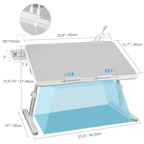 PRODUCTO 269 Mesa con bandeja para cama, soporte ajustable para computadora portátil para cama con USB/luz/ventilador/cajón, mesa de escritorio portátil para cama/sofá/lectura/escritura, bandejas de cama para comer y computadoras portátiles