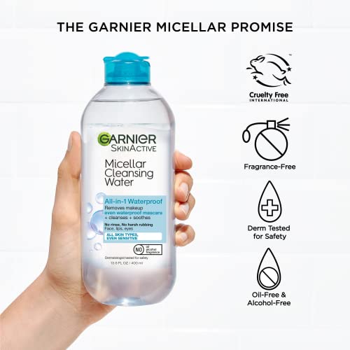 Garnier SkinActive agua micelar para maquillaje resistente al agua, limpiador facial y desmaquillante, 13,5 onzas líquidas (400 ml), 1 unidad (el embalaje puede variar)