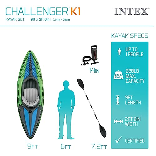 PRODUCTO 293 Juego de kayak inflable INTEX 68305EP Challenger K1: incluye remo de aluminio de lujo de 86 pulgadas y bomba de alto rendimiento - Asiento ajustable con respaldo - Skeg extraíble - 1 persona - Capacidad de peso de 220 lb