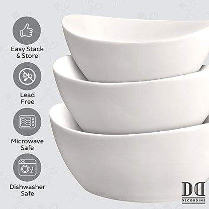 Juego de 3 tazones para servir - Elegantes ensaladeras de porcelana blanca para frutas, ensaladas, pastas y sopas - Platos de exhibición para servir alimentos para fiestas o exhibiciones - 24 oz. 34 onzas. y 44 onzas. - por DécorDine