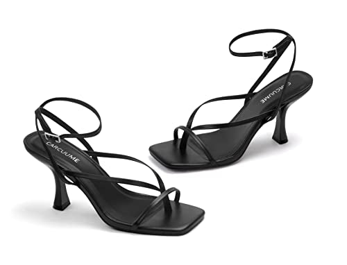 PRODUCTO 595-2 Carcuume Sandalias De Tacón De Aguja Con Tiras Y Tiras En El Tobillo Con Punta Cuadrada Y Tacones De Gatito Para Mujer, CAMILE-ALL BLACK PU-7.5