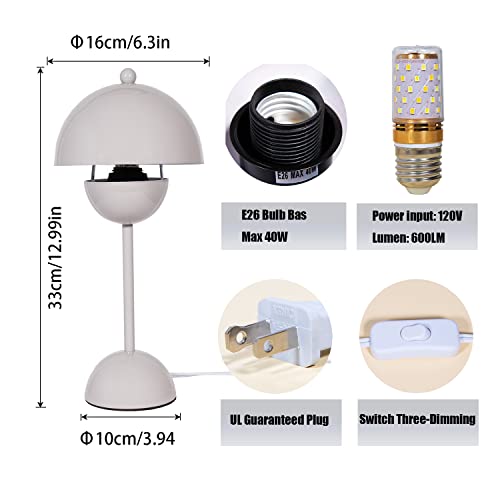 Shangpai Lámparas de mesa modernas, lámpara de noche de brillo de 3 niveles para dormitorio, lámparas de escritorio con bombilla LED de 6 W, lámpara de mesita de noche retro de metal para niños (gris)