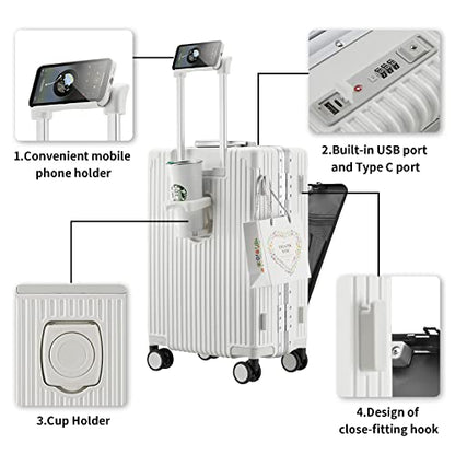 CAARANY Equipaje de mano versátil con marco de aluminio con puerto de carga USB, compartimento frontal, cerradura TSA, maleta rígida de transporte aprobada por aerolíneas con ruedas giratorias (blanco, 20 pulgadas)