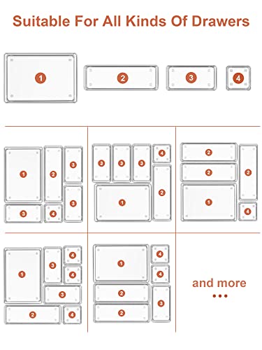 SMARTAKE 22-Piece Drawer Organizer with Non-Slip Silicone Pads, 4-Size Clear Desk Drawer Organizer Trays Storage Tray for Makeup, Jewelries, Utensils in Bedroom Dresser, Office and Kitchen, Clear