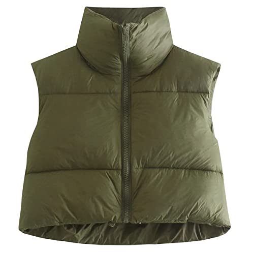 KEOMUD Chaleco corto de invierno para mujer, ligero, sin mangas, cálido, chaleco acolchado, chaleco acolchado, verde militar, pequeño