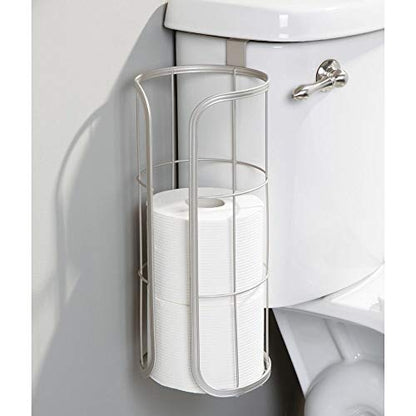 PRODUCTO 329 mDesign Modern Over The Tank Hanging Toilet Tissue Paper Roll Holder and Reserve for Bathroom Storage - Stores 3 Extra Rolls, Holds Jumbo-Sized Rolls - Durable Metal Wire - Satin