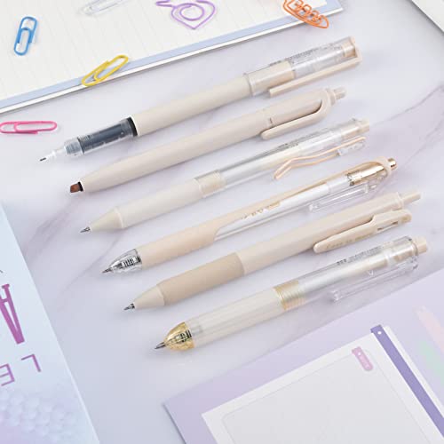 BAYTORY 5 bolígrafos de gel y 1 resaltador, bolígrafo de tinta de secado rápido, punta fina negra de 0,5 mm, bolígrafo retráctil estético, escritura suave para tomar notas en diario (beige)