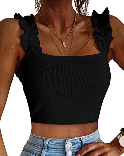 CLOZOZ Lindas camisetas cortas para mujer, camisetas sin mangas con volantes acanalados, cuello cuadrado, camisetas de moda para salir preppy