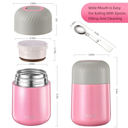 PRODUCTO 469 Termo para alimentos FEWOO - Contenedor de sopa aislado al vacío de 20 oz, lonchera de acero inoxidable para niños adultos, frasco de comida a prueba de fugas con cuchara plegable para alimentos fríos o calientes (rosa)