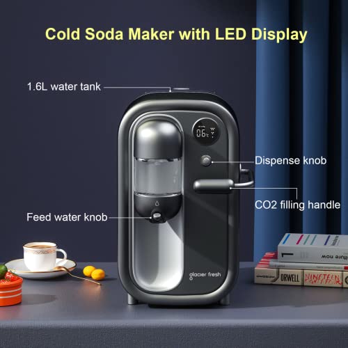 GLACIER FRESH Máquina para hacer agua fría con gas, máquina eléctrica para hacer refrescos con tanque de agua de 1,6 L, pantalla LED, compatible con cualquier carbonatador de CO2 de 60 L atornillado (NO incluido)