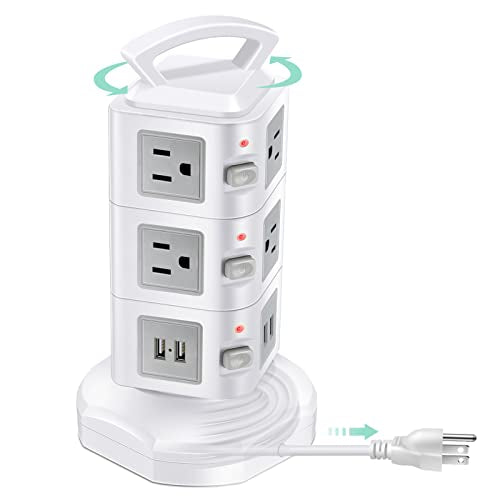 PRODUCTO 317 Protector contra sobretensiones de torre de regleta, cable de extensión retráctil con múltiples salidas, 10 salidas de CA con 4 puertos USB, torre de carga, extensor de toma múltiple, estación de carga de escritorio para oficina en casa