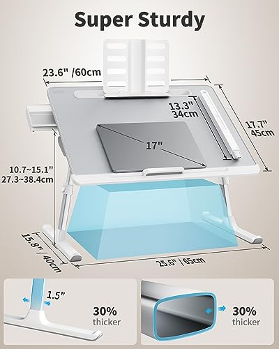 SAIJI Escritorio con bandeja para computadora portátil con luz de escritorio LED, soporte ajustable para computadora portátil para cama, mesa plegable de cuero de PVC XXL con soporte para libros, reposamuñecas, espacio adicional para las piernas (gris)