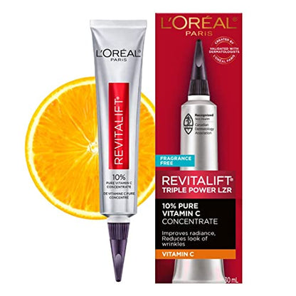 L'Oreal Paris Revitalift 10% Pure Vitamin C Face Serum, piel más brillante, arrugas reducidas, sin fragancia 1 0z.