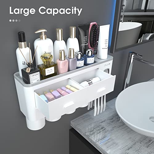 iHave Soporte para cepillos de dientes para baños, 4 tazas, soporte para cepillos de dientes montado en la pared con dispensador de pasta de dientes, bandeja de gran capacidad, 2 cajones para cosméticos, organizador de baño y juego de accesorios de baño