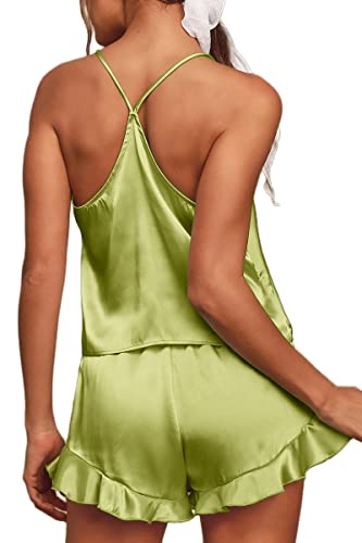 CHYRII Conjuntos de pijamas sexys con espalda cruzada y volantes para mujer, conjuntos de pantalones cortos de seda satinada, ropa de dormir verde aguacate S