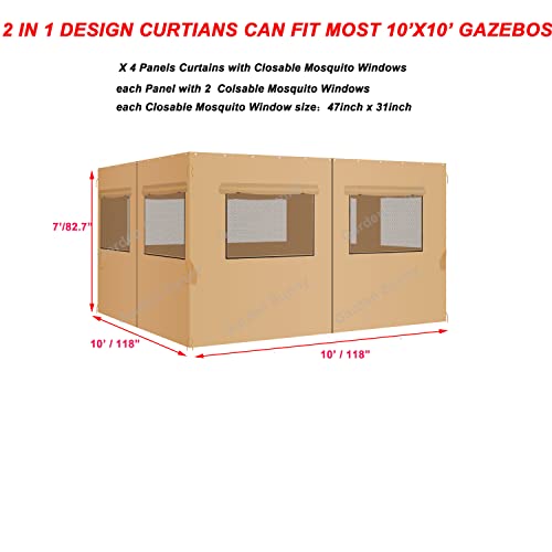 Garden Sunny - Cortinas de privacidad de repuesto universales para cenador de 10 x 10 pies con mosquiteras, pantalla que se puede cerrar con cremallera, diseño 2 en 1, juego de sombra protectora de 4 paneles (solo paredes laterales y red), color caqui