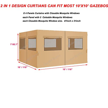 Garden Sunny - Cortinas de privacidad de repuesto universales para cenador de 10 x 10 pies con mosquiteras, pantalla que se puede cerrar con cremallera, diseño 2 en 1, juego de sombra protectora de 4 paneles (solo paredes laterales y red), color caqui