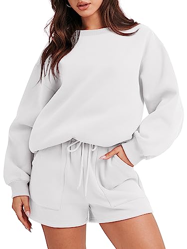 ANRABESS Conjunto de sudadera de 2 piezas para mujer Sudadera de gran tamaño Sudaderas con capucha de lana Conjunto de pantalones cortos de salón a juego 2023 Conjunto de sudadera cómodo informal Ropa de otoño de moda Pijamas 1047piaobai-M