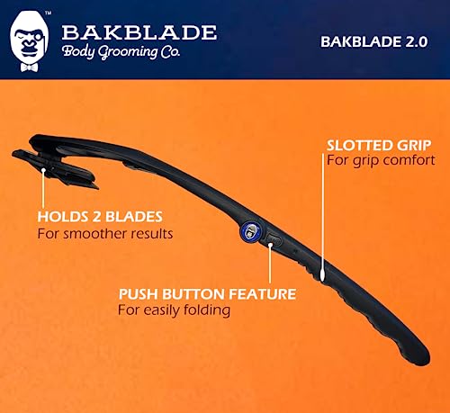 PRODUCTO 36 Afeitadora de espalda baKblade 2.0 para hombres: la afeitadora de espalda DIY para hombres con tecnología de cuchilla de seguridad y mango ergonómico, afeitado en seco o en húmedo (cuchillas adicionales incluidas)