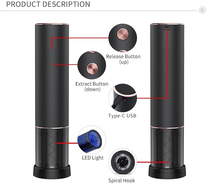 Abridor de botellas de vino eléctrico recargable, sacacorchos automático, kit de regalo para amantes del vino, con cortador de papel de aluminio gratuito, indicador de alimentación LED, cable de carga incluido