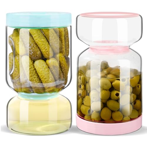 PRODUCTO 445 Tarro de vidrio para encurtidos con colador, 2 paquetes de recipientes grandes antideslizantes para encurtidos de 51 oz, tarro hermético con separador de jugo de pepinillos  para almacenamiento de aceitunas, pepinillos y encurtidos .