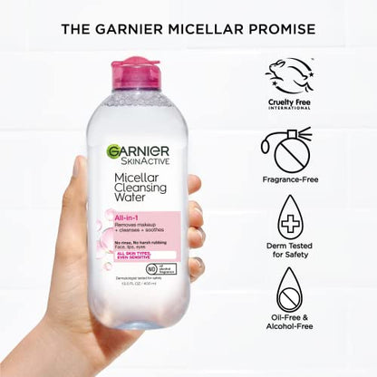 Garnier SkinActive agua micelar para todo tipo de piel, limpiador facial y desmaquillante, 13,5 onzas líquidas (400 ml), 1 unidad (el embalaje puede variar)