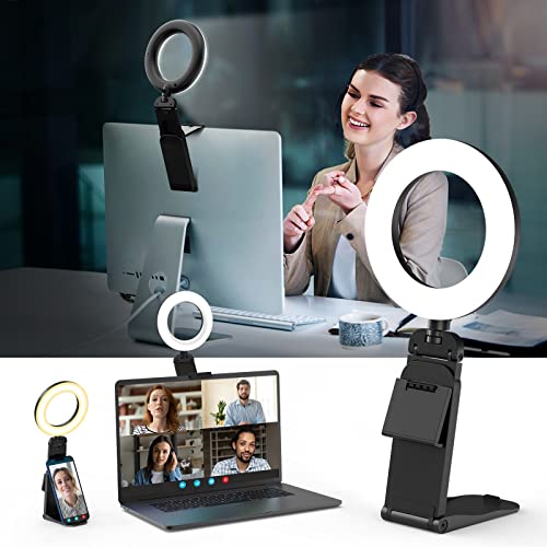 Anillo de luz para computadora portátil, kit de iluminación de videoconferencia para reuniones de zoom, luz LED pequeña para selfies de 5 pulgadas, anillo de luz portátil con soporte, soporte para teléfono celular, anillo de luz de escritorio