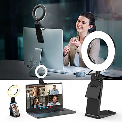 Anillo de luz para computadora portátil, kit de iluminación de videoconferencia para reuniones de zoom, luz LED pequeña para selfies de 5 pulgadas, anillo de luz portátil con soporte, soporte para teléfono celular, anillo de luz de escritorio