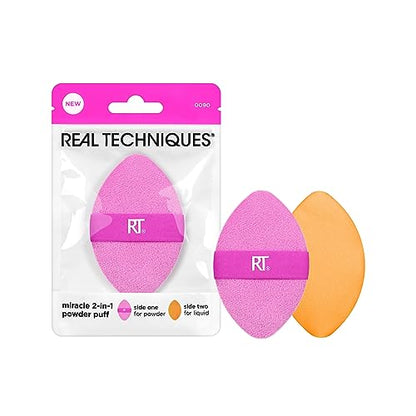 Real Techniques Miracle 2-In-1 Powder Puff, Dual-Sided, Full-Size Makeup Blending Puff, Reversible Elastic Band, Precision Tip Makeup Sponge & Powder Puff, For Liquid, Cream & Powder, 1 Count