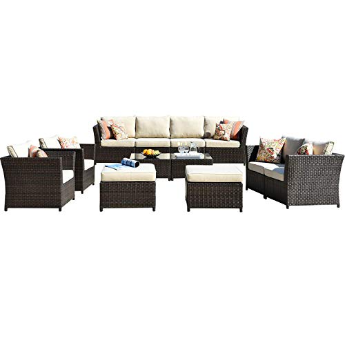 ovios Patio Furniture Set 12 Piece Fully Assembled Outdoor Furniture Conversation Set All Weather High Back Sofa Rattan Wicker Sectional Sofa Set for Yard Deck Porch (Beige)