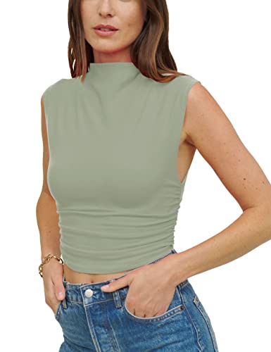 PRODUCTO 622-1 KAMISSY Camiseta sin mangas corta con cuello simulado y fruncido para mujer, informal, cuello alto, sin mangas, ajustada, ajustada, para yoga, atlético, correr, verde