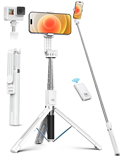 Trípode Selfie Stick con Control Remoto, ANXRE 50" Portátil 5 en 1 Selfie Stick Trípode para Teléfono, Trípode Selfie Stick Inalámbrico para Teléfono Celular Compatible con iPhone 15/14/13 Pro Max Gopro Android DJI (Blanco)