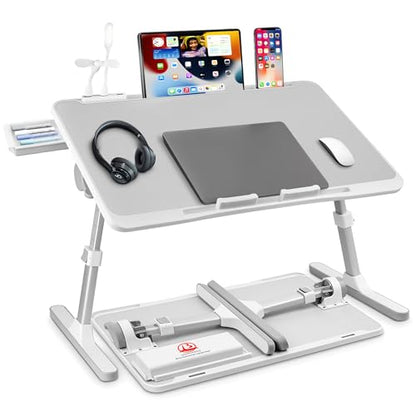 PRODUCTO 269 Mesa con bandeja para cama, soporte ajustable para computadora portátil para cama con USB/luz/ventilador/cajón, mesa de escritorio portátil para cama/sofá/lectura/escritura, bandejas de cama para comer y computadoras portátiles