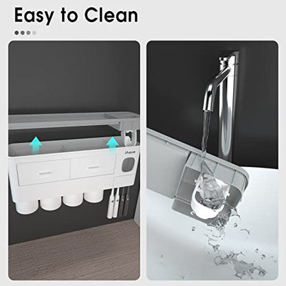 iHave Soporte para cepillos de dientes para baños, 4 tazas, soporte para cepillos de dientes montado en la pared con dispensador de pasta de dientes, bandeja de gran capacidad, 2 cajones para cosméticos, organizador de baño y juego de accesorios de baño