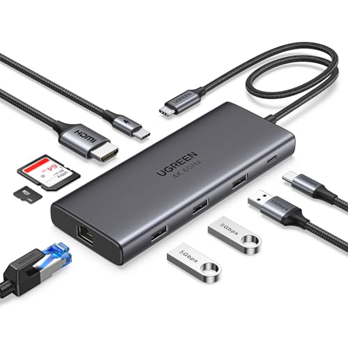 PRODUCTO 174 UGREEN Revodok Pro 109 USB C Hub 9 en 1 10Gbps USB C 3.2 y USBA 3.2 4K 60Hz HDMI, suministro de energía de 100W, lector de tarjetas SD/TF Gigabit Ethernet para MacBook Pro/Air, iPhone 15 Pro/Pro Max, Thinkpad y más.