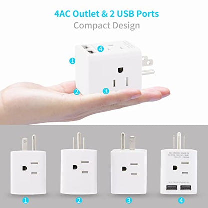 Extensor de enchufe múltiple con 2 USB y 4 tomas de CA, adaptador de enchufe de ángulo recto Wonplug, divisor de 3 clavijas, cargador de pared de cubo espaciado ancho para EE. UU., hogar, oficina, viajes, color blanco