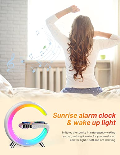 BestYiJo Máquina de sonido Despertador Lámpara de mesa de amanecer para dormitorio Wake Up Moon Luz inteligente con estación de carga inalámbrica Dock para dormir para adolescentes, niños, personas que duermen mucho, 2 colores (blanco)