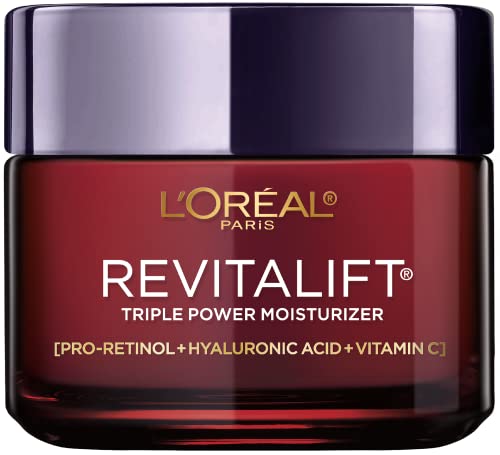 L'Oreal Paris Revitalift Triple Power Hidratante facial antienvejecimiento, Pro Retinol, ácido hialurónico y vitamina C, reduce las arrugas 2.55 oz