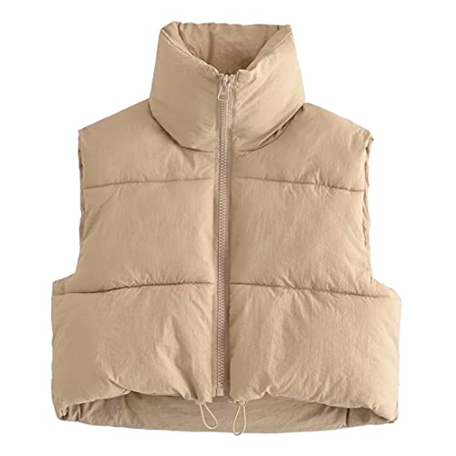 Daacee Chaleco acolchado ligero de invierno para mujer, cálido, sin mangas, con cremallera, cuello alto, acolchado (0137-Khaki-XS)