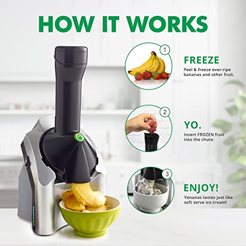 PRODUCTO 502 Yonanas 902 Classic Vegan, máquina para servir suaves de frutas congeladas sin lácteos, incluye 36 recetas, 200 vatios, plateado