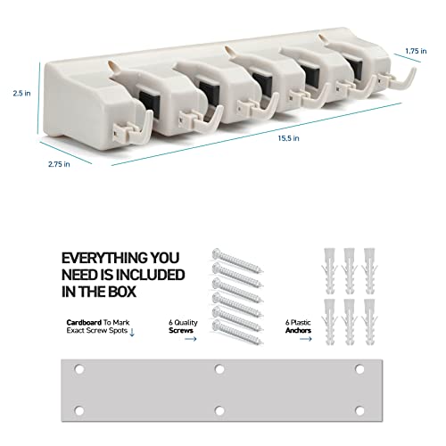 HOME IT Soporte para fregona y escoba - Sistemas de almacenamiento de garaje con 5 ranuras, 6 ganchos, capacidad de 7,5 libras por ranura - Organizador de herramientas de jardín para 11 herramientas - Para el hogar, la cocina, el armario, el lavadero -