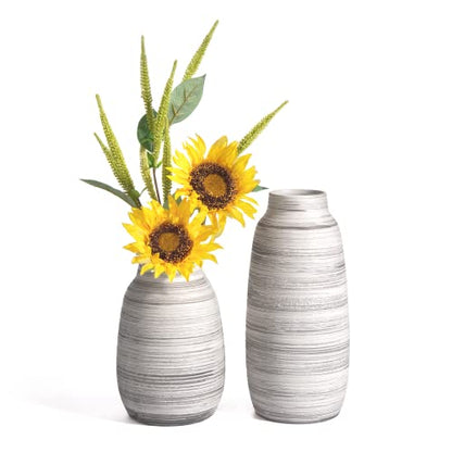 TERESA'S COLLECTIONS Rustic Ceramic Flower Vase for Home Decor, Tall Grey Decorative Vase for Pampas Grass, Set of 2 Boho Flower Vases for Table, Mantel, Fireplace, Shelf, Living Room, 6.3/9.1inch