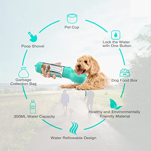 Botella de agua para perros Dispensador de botella de agua para perros portátil y a prueba de fugas, multifuncional 4 en 1 para mascotas Caminar al aire libre Senderismo Camping | Taza de agua, taza de comida, pala para excrementos y bolsa de basura