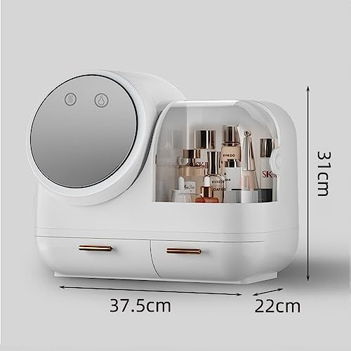 osea Caja de almacenamiento de cosméticos, organizador de maquillaje portátil con espejo y ventilador de luz LED, cajón de joyería impermeable recargable, adecuado para dormitorio, baño, vestido de tocador (pálido)