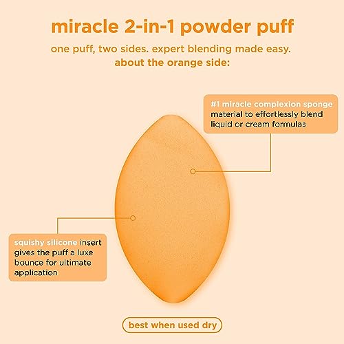 Real Techniques Miracle 2-In-1 Powder Puff, Dual-Sided, Full-Size Makeup Blending Puff, Reversible Elastic Band, Precision Tip Makeup Sponge & Powder Puff, For Liquid, Cream & Powder, 1 Count