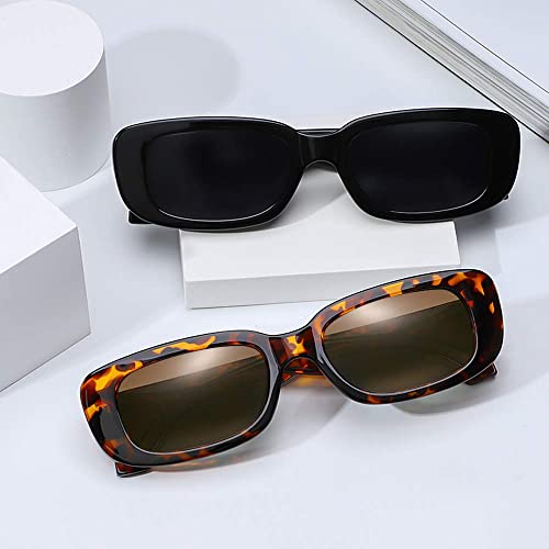 Tskestvy 2 Pack Square Rectangle Sunglasses for Women Men Y2K Retro Trendy Vintage Glasses 90S Cute Aesthetic (Black and Tortoiseshell)