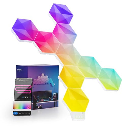 PRODUCTO 167  Luces de pared hexagonales LED inteligentes, paneles de luz, Wi-Fi RGB-IC decoración del hogar luces creativas con sincronización de música, funciona con Alexa Google Assistant para salas de juegos, sala de estar, dormitorio, paquete de 10,